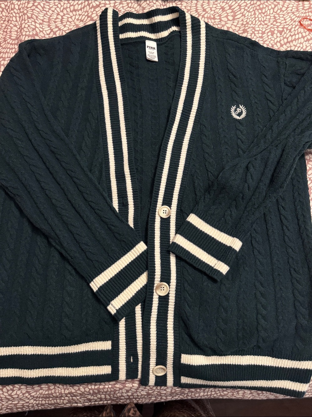 PINK Victoria's Secret Navy Cable-Knit Cardigan with White Trim